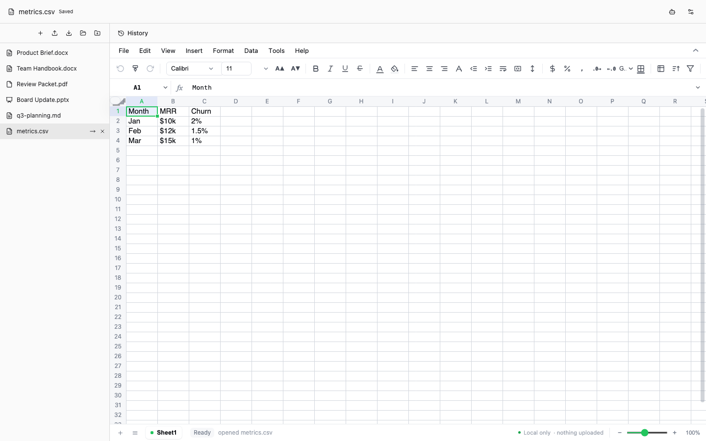 A sample metrics spreadsheet open in Alloy's spreadsheet editor.